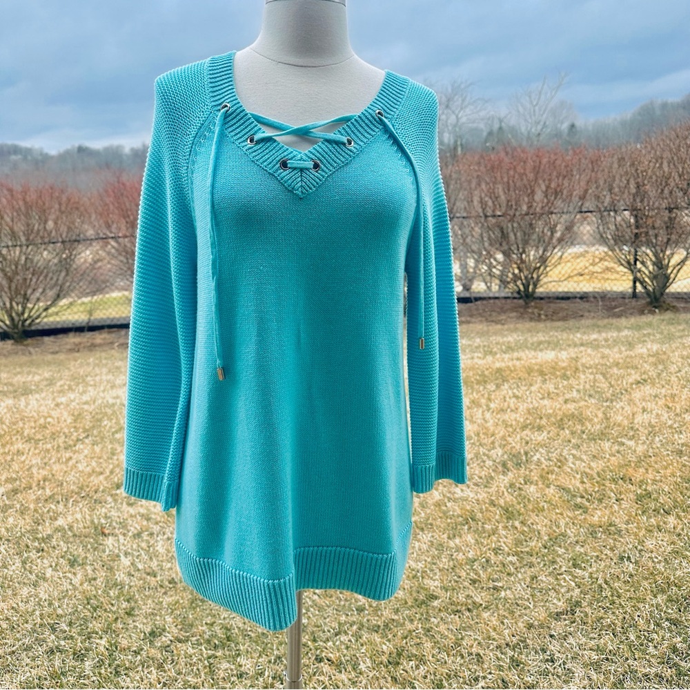 Chico's Blue Ribbed 3/4 Length Sleeve Sweater, Size small